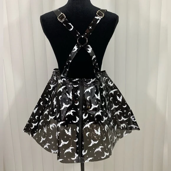 TRICKZ N TREATZ Bat My Lashes Print PVC Vinyl Mini Dress Bat Crescent Moon Black - Picture 3 of 14